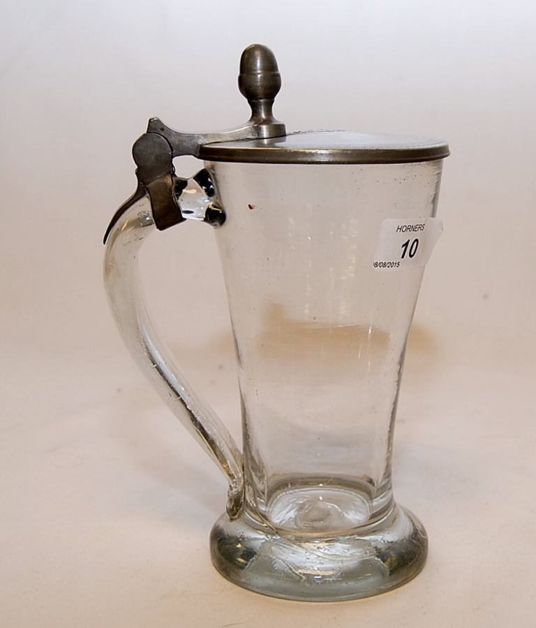 ANTIQUE GLASS TANKARD WITH PEWTER LID