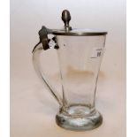 ANTIQUE GLASS TANKARD WITH PEWTER LID