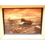 OIL ON BOARD - ROUGH SEA ROWING BOAT - A