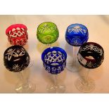 3 PAIRS OF COLOURED GLASS  STEMMED HOCK