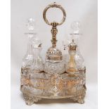 A PLATED EIGHT BOTTLE CRUET ON STAND WIT