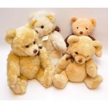 FOUR MODERN STEIFF TEDDY BEARS WITH BROWN ATTIRE ALL BEARING BUTTONS TO EAR