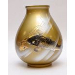 JAPANESE SPHERICAL BRONZE FISH VASE IN WOODEN TRANSIT BOX 18CM BEARING ORIENTAL CHARACTERS TO BASE