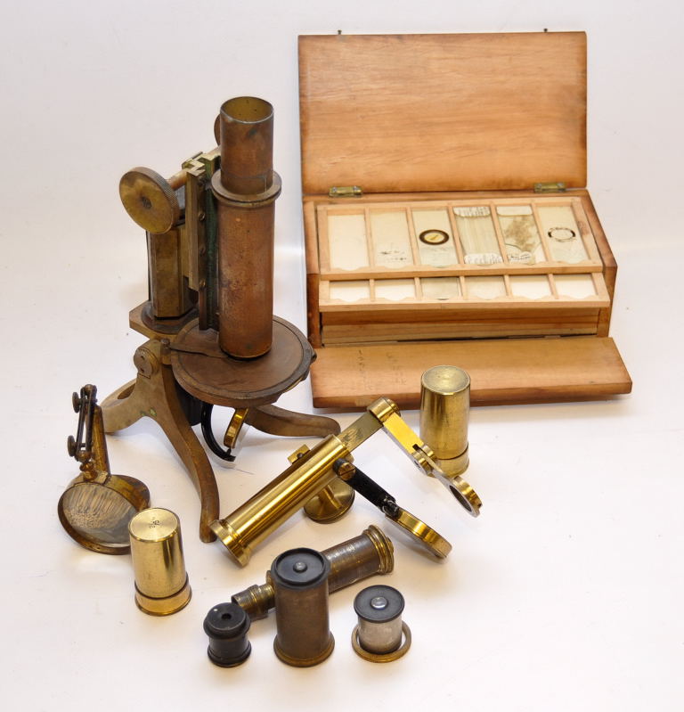 VINTAGE BRASS MICROSCOPE TOGETHER WITH A CASED SET OF SLIDES