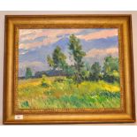 FRAMED OIL ON BOARD "RUSSIAN LANDSCAPE" MONOGRAM TO FRONT MK,(MIKHAIL KOSHEL B.