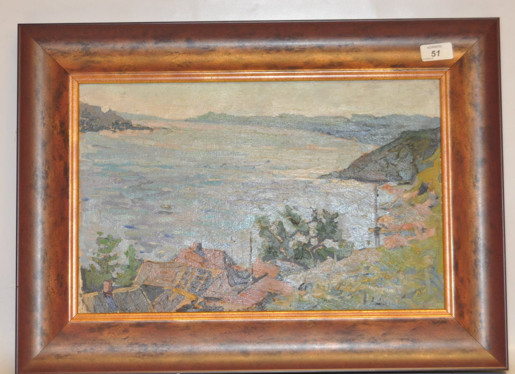 FRAMED RUSSIAN OIL ON CARD "VIEW ON THE VOLGA" BEARING SIGNATURE KHIVRENKO VICTOR IVANOUCH 1935 - - Image 2 of 4