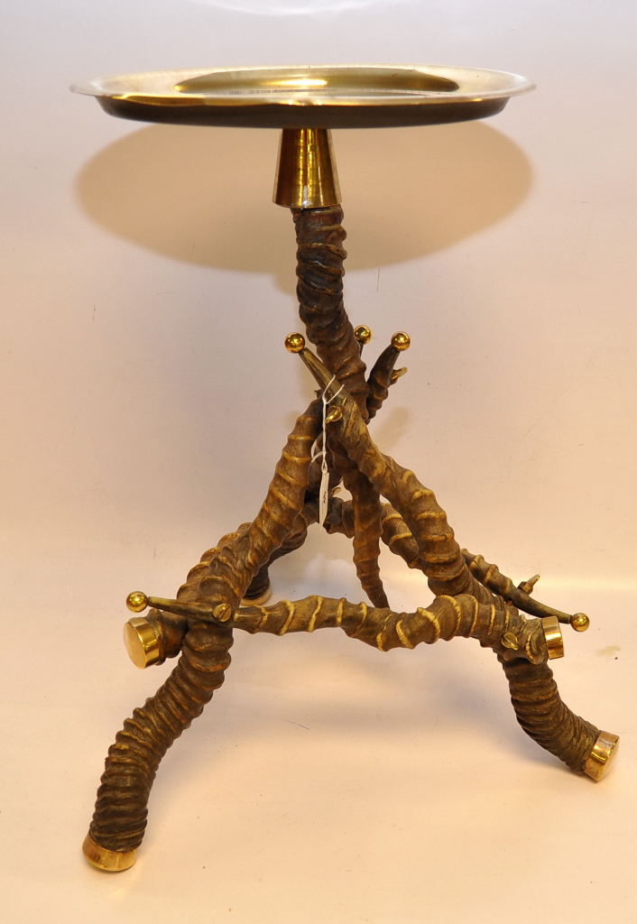 AN UNUSUAL BRASS TABLE, THE BASE CONSTRUCTED FROM 7 ANIMAL HORNS BELIEVED AFRICAN, - Image 2 of 3