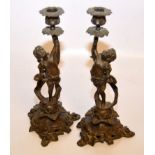 A PAIR OF FIGURED BRONZE CANDLESTICKS  - 32cm