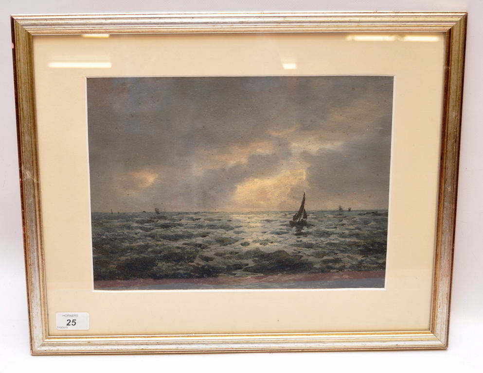 WATERCOLOUR MOONLIGHT SCENE SEASCAPE OFF FOLKESTONE BEARING SIGNATURE W.S.