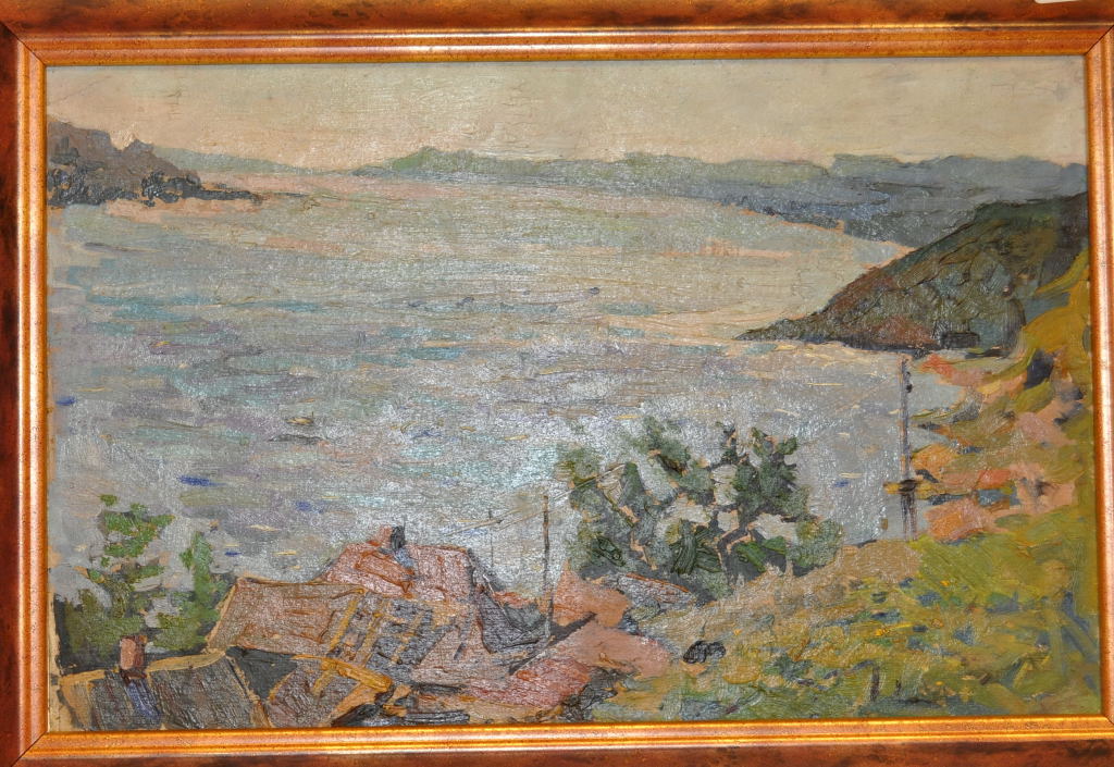 FRAMED RUSSIAN OIL ON CARD "VIEW ON THE VOLGA" BEARING SIGNATURE KHIVRENKO VICTOR IVANOUCH 1935 - - Image 4 of 4