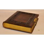 VICTORIAN PHOTO ALBUM - LARGE SIZE WITH DARK BROWN TOOLED LEATHER COVERS AND SPINE CLOSES WITH