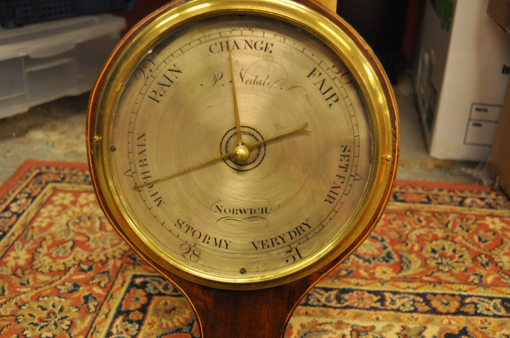 BANJO BAROMETER, INLAID SHELL AND FLOWER DECORATION, FACE MARKED P. - Image 6 of 8