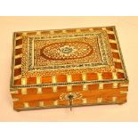 VELVET LINED SATIN WOOD BOX, WITH APPLIED FRET WORK, BONE DECORATION, ON BUN FEET,