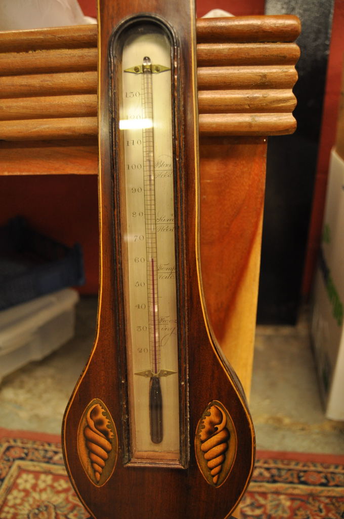 BANJO BAROMETER, INLAID SHELL AND FLOWER DECORATION, FACE MARKED P. - Image 5 of 8