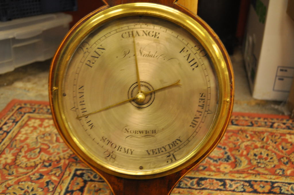 BANJO BAROMETER, INLAID SHELL AND FLOWER DECORATION, FACE MARKED P. - Image 7 of 8