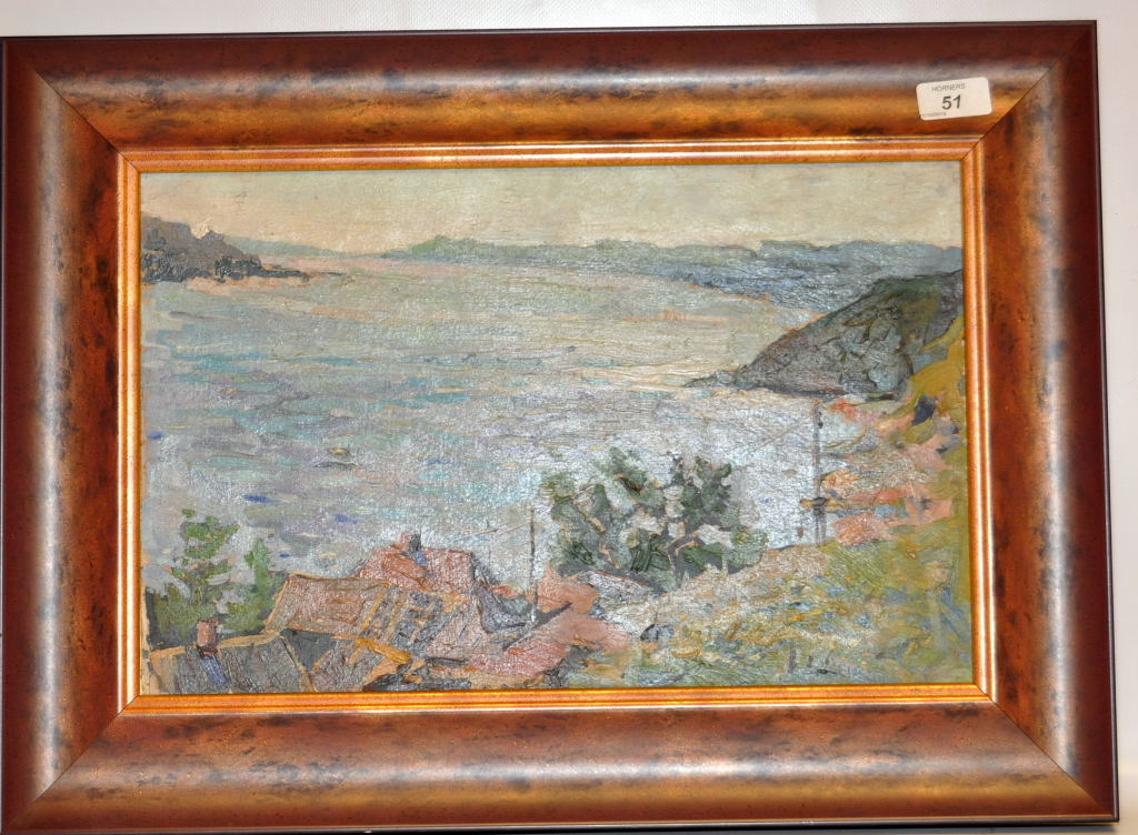 FRAMED RUSSIAN OIL ON CARD "VIEW ON THE VOLGA" BEARING SIGNATURE KHIVRENKO VICTOR IVANOUCH 1935 - - Image 3 of 4