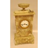 A WHITE MARBLE MANTEL CLOCK WITH ENAMELLED DIAL, STRIKING ON A BELL MOVEMENT, 45cm.