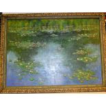 FRAMED OIL ON BOARD "LILLIES ON THE LAKE" BEARING SIGNATURE TOM FLANAGAN,