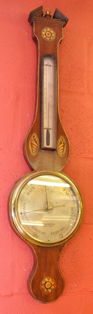 BANJO BAROMETER, INLAID SHELL AND FLOWER DECORATION, FACE MARKED P.