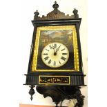 BLACK FOREST WALL CLOCK WITH PAINTED VILLAGE SCENE FACE 68cm.