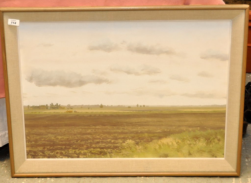 FRAMED GOUACHE ON BOARD, "FIELDS TO CAMBRIDGE" BEARING THE SIGNATURE ANTHONY DAY,