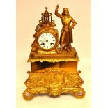 FRENCH GILT METAL MANTEL CLOCK WITH KNIGHT FIGURE THE ENAMELLED FACE MARKED LE ROY A PARIS,
