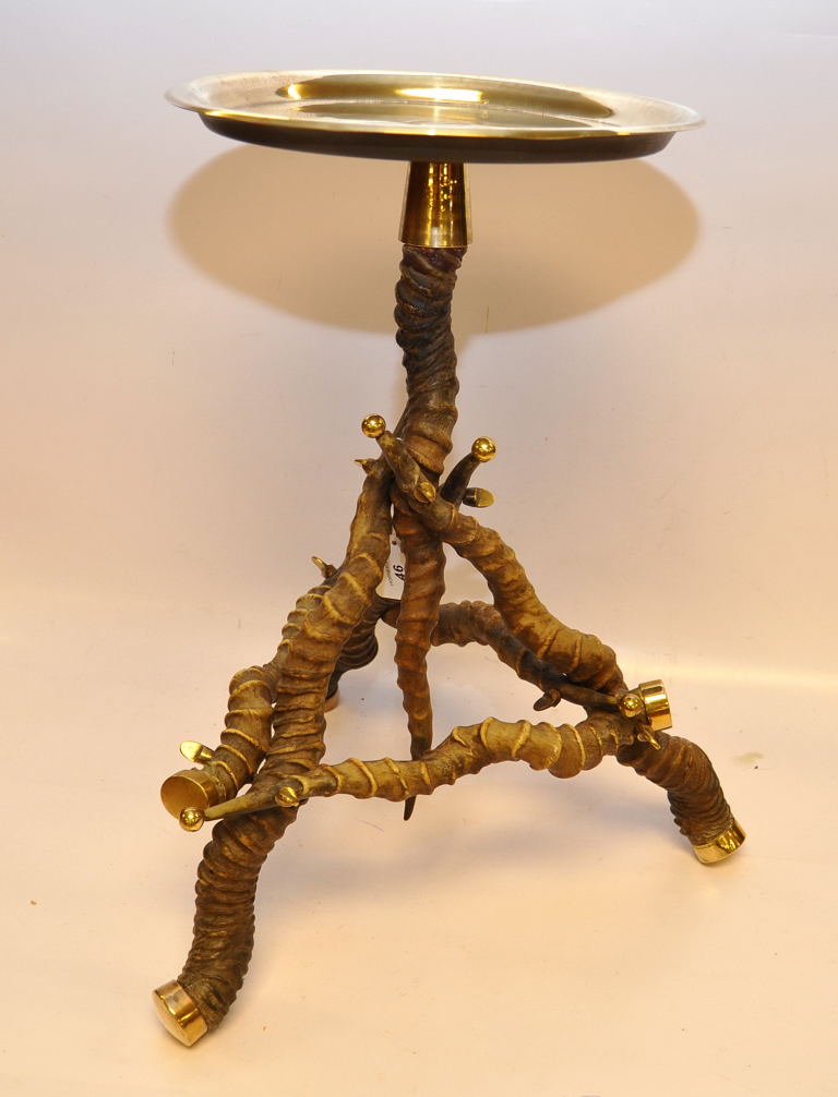 AN UNUSUAL BRASS TABLE, THE BASE CONSTRUCTED FROM 7 ANIMAL HORNS BELIEVED AFRICAN, - Image 3 of 3