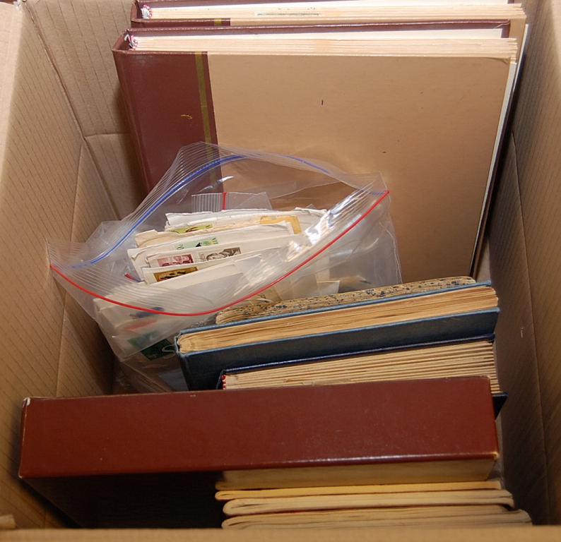 BOX WITH COLLECTION IN TEN STOCKBOOKS OR EXERCISE BOOKS AND LOOSE.