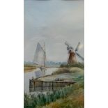 WATERCOLOUR, BROADLAND SCENE WITH WINDMILL