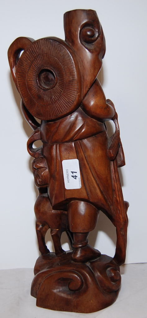 CARVED HARDWOOD FIGURE OF CHINESE MAN WITH DOG - Image 2 of 3