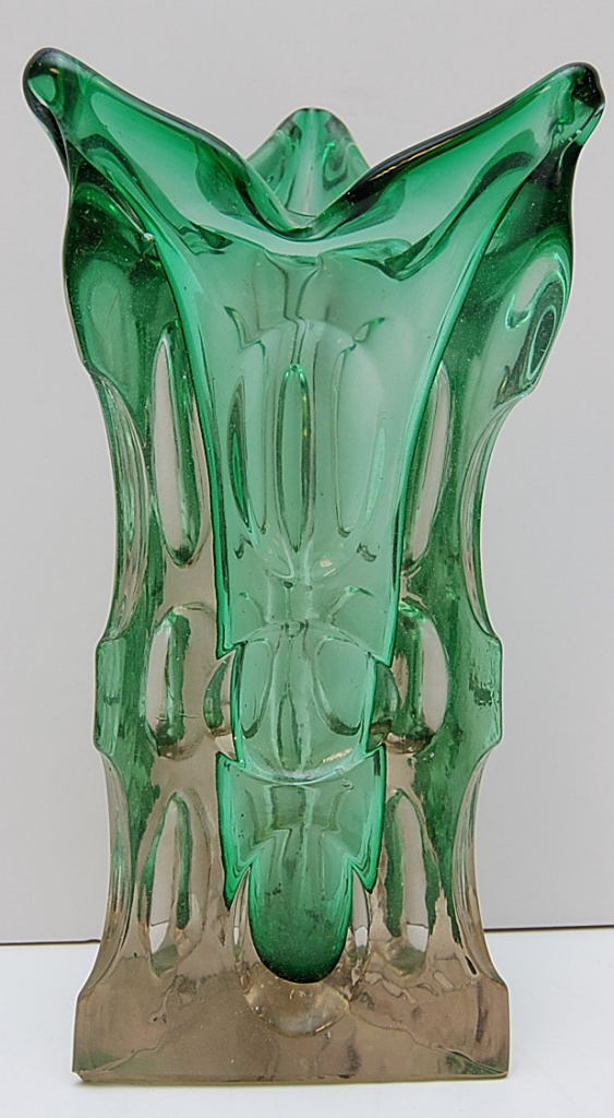 GREEN TRI-SIDED GLASS VASE 30CM, A/F