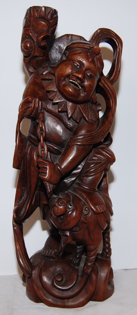 CARVED HARDWOOD FIGURE OF CHINESE MAN WITH DOG