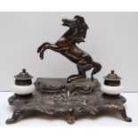 FRENCH BRONZE DESK STAND, WITH CERAMIC INKWELLS