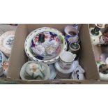 A box of decorative ceramics, to include a Ridgway 'Railway' mug, Imari porcelain bowl and other