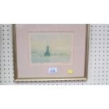 After V Werner a gilt framed and glazed print of a lone figure in rowing boat before castle ruins,