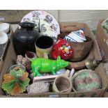 A box of decorative ceramics and other items, including figurines, wooden and lacquer items