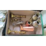 A pair of brass ejector candlesticks, a pair of Indian brass vases, and other items of copper and