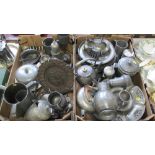Two boxes of 19th century and other pewter, various, including a tyg, antler handled and other pots,