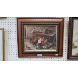 Three framed oleographs, one of chickens, pigeons and vegetables in a barn interior, in the manor of