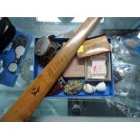 An early 20th century Sorrento ware and olive wood page turner, with blue bird motif, bearing the