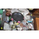 A box of decorative ceramics, including a Johnson Brothers fish plate, simulated marble bust of