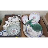 Two boxes of Victorian and later ceramics, including a Majolica leaf moulded plate and tazza, meat