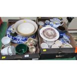 Two boxes of decorative and useful ceramics, including Masons and other jugs, Edwardian mixing