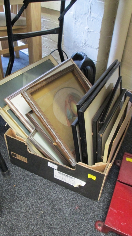 A box of framed and glazed pictures and prints, including a reproduction engraving after Holbein,
