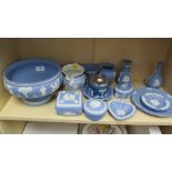A mixed lot of Wedgwood Jasper, including footed bowl, vases, dishes, covered boxes and other items