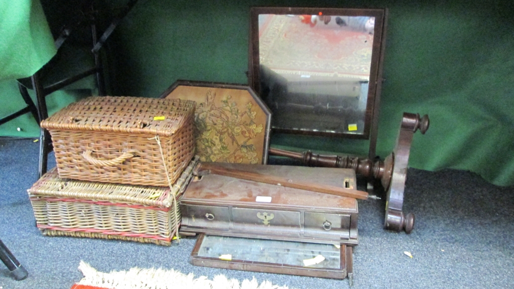 Two small woven cane baskets, a George II mahogany toilet mirror (for restoration) and Edwardian