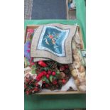 A mixed lot of decorative items, including scallop and snail shells, Chinese silk woven panels,