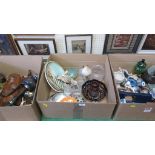 Three boxes of small decorative items, including an Isle of Wight glass vase, tourist pieces,