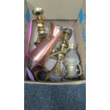 A pair of brass ejector candlesticks, a pair of Indian brass vases, and other items of copper and