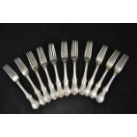 Eleven Victoria pattern silver table forks, London 1891, maker Edward Hutton - approx total weight